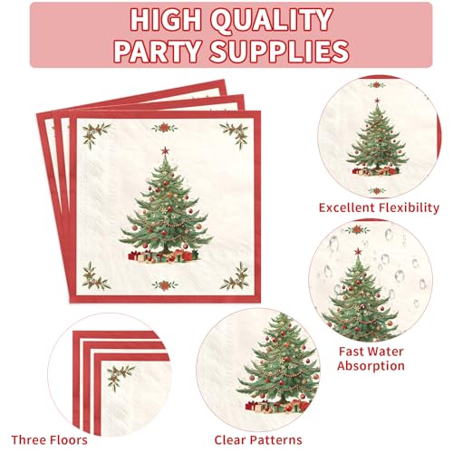 200 Pcs Christmas Tree Red Border Party Plates and Napkins - Grencian