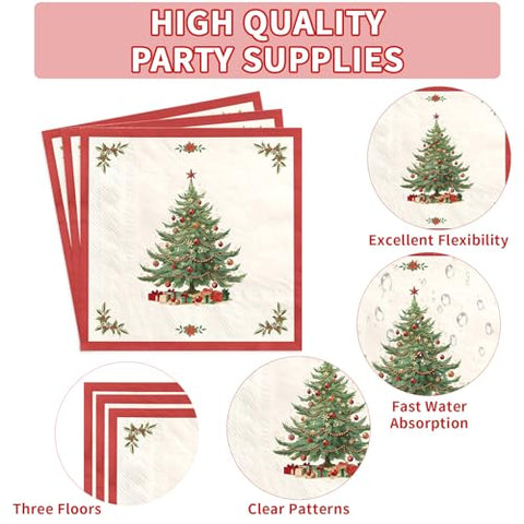 200 Pcs Christmas Tree Red Border Party Plates and Napkins - Grencian