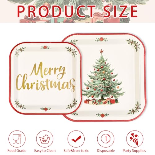 200 Pcs Christmas Tree Red Border Party Plates and Napkins - Grencian