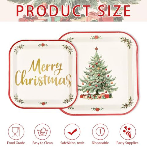 200 Pcs Christmas Tree Red Border Party Plates and Napkins - Grencian