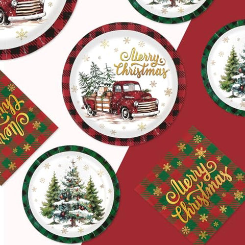 200 Pcs Christmas Truck Party Plates and Napkins - Grencian