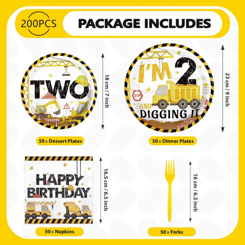 200 Pcs Construction 2nd Birthday Party Plates and Napkins - Grencian