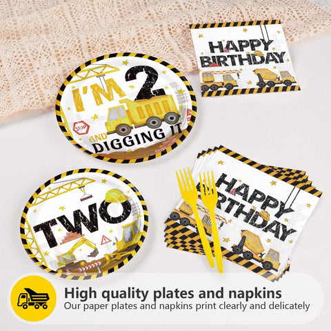 200 Pcs Construction 2nd Birthday Party Plates and Napkins - Grencian
