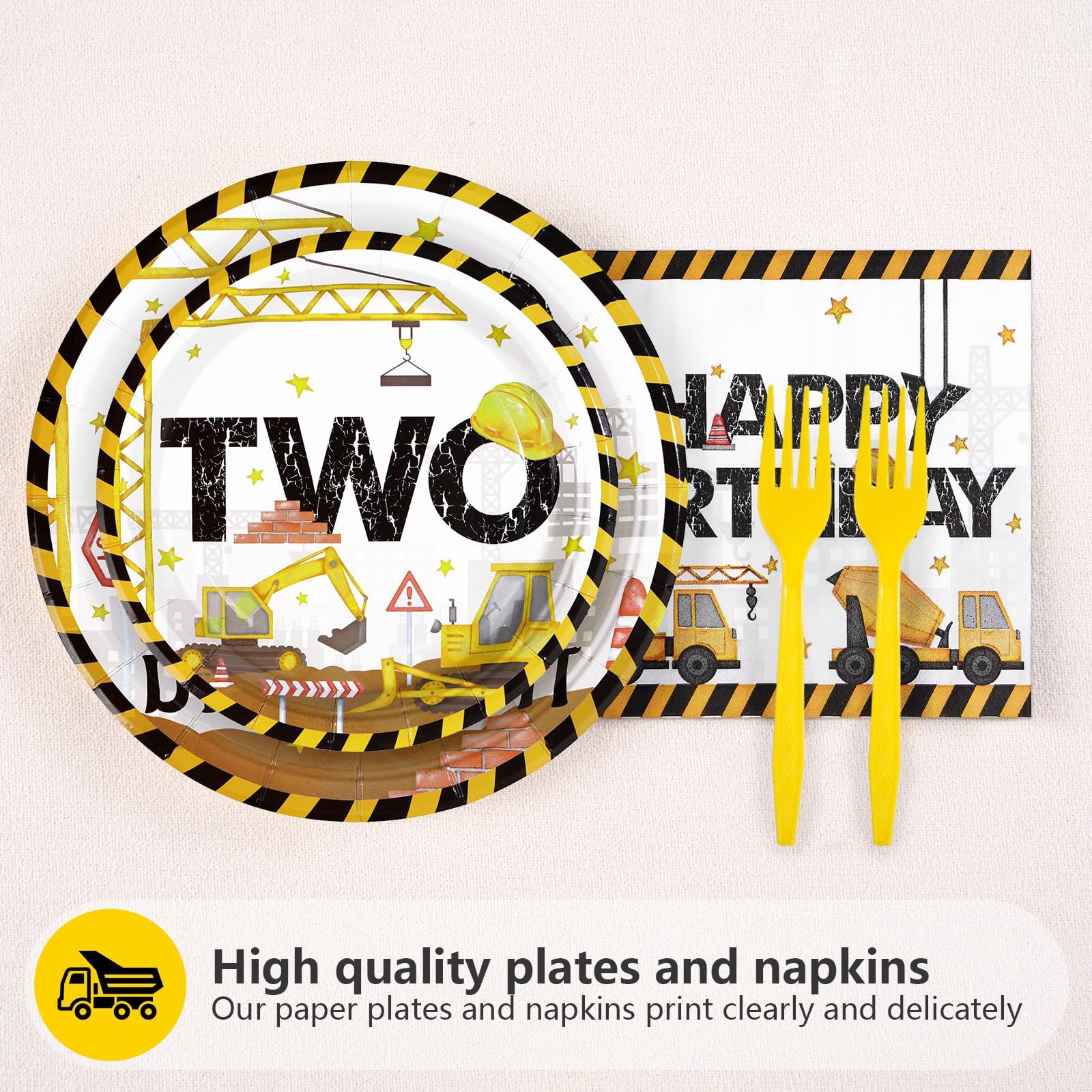 200 Pcs Construction 2nd Birthday Party Plates and Napkins - Grencian