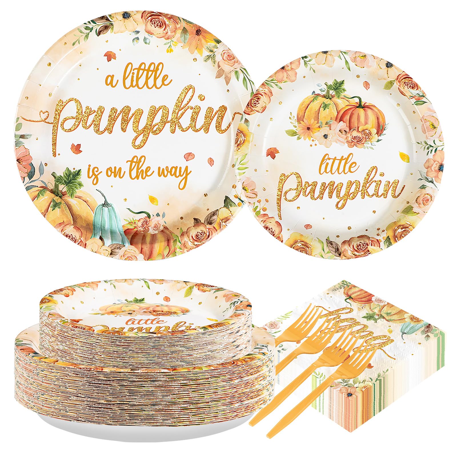 200 Pcs Orange Pumpkin Baby Shower Party Plates and Napkins - Grencian