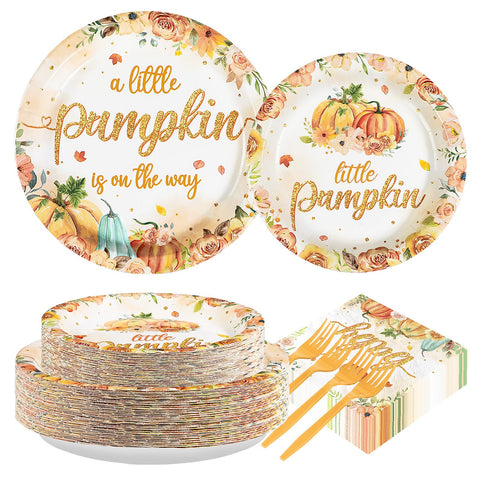 200 Pcs Orange Pumpkin Baby Shower Party Plates and Napkins - Grencian
