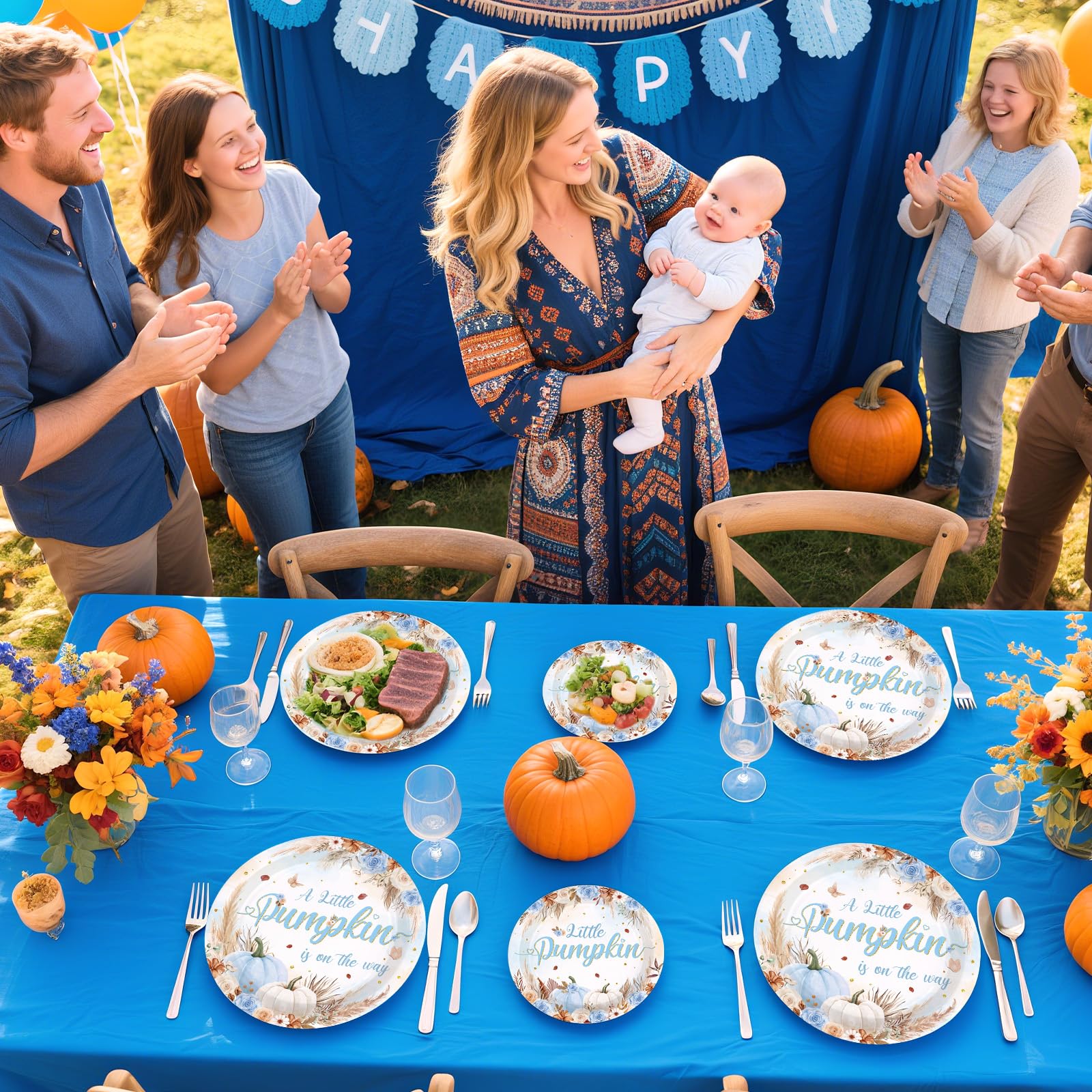 200 Pcs Fall Pumpkin Baby Shower Party Plates and Napkins - Grencian
