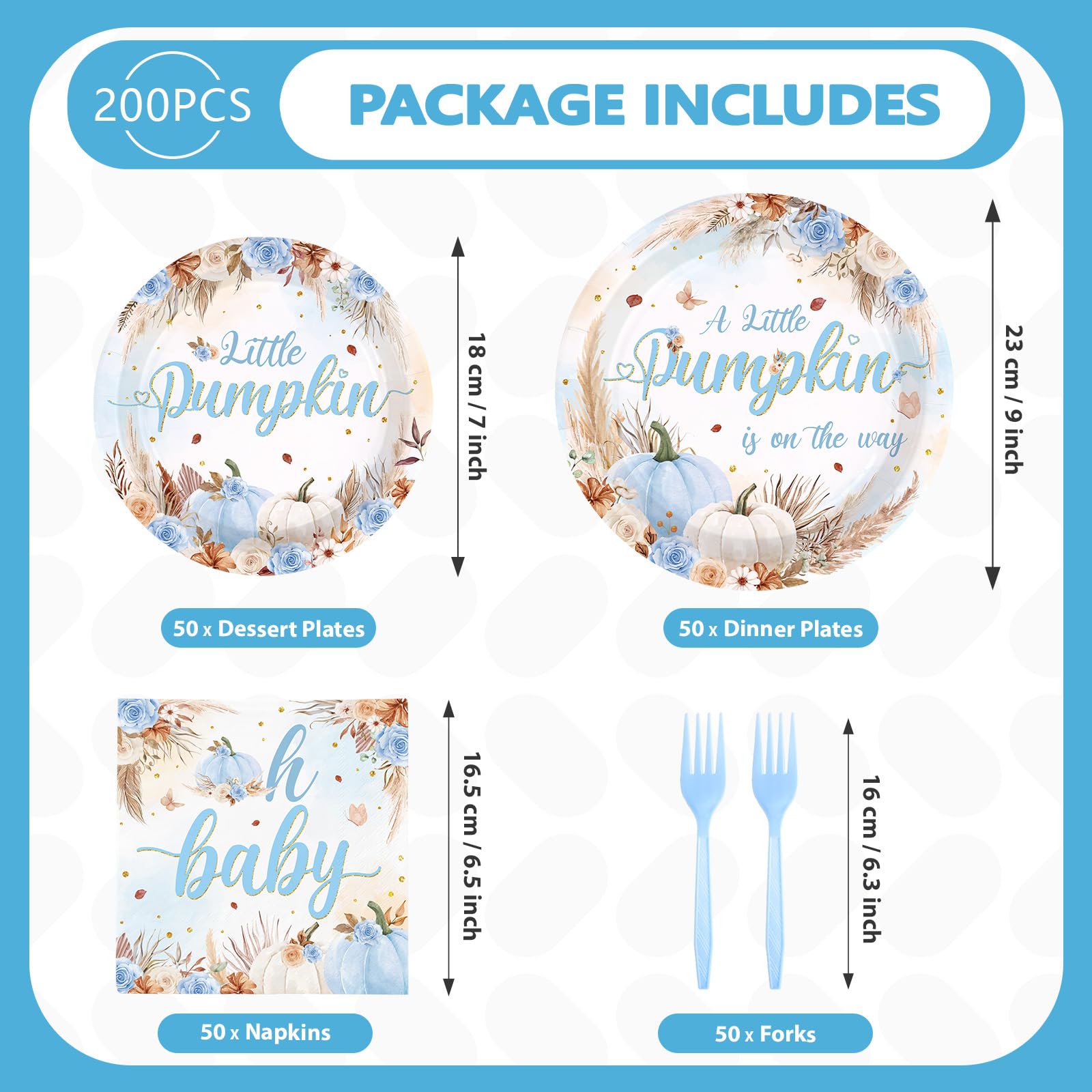 200 Pcs Fall Pumpkin Baby Shower Party Plates and Napkins - Grencian