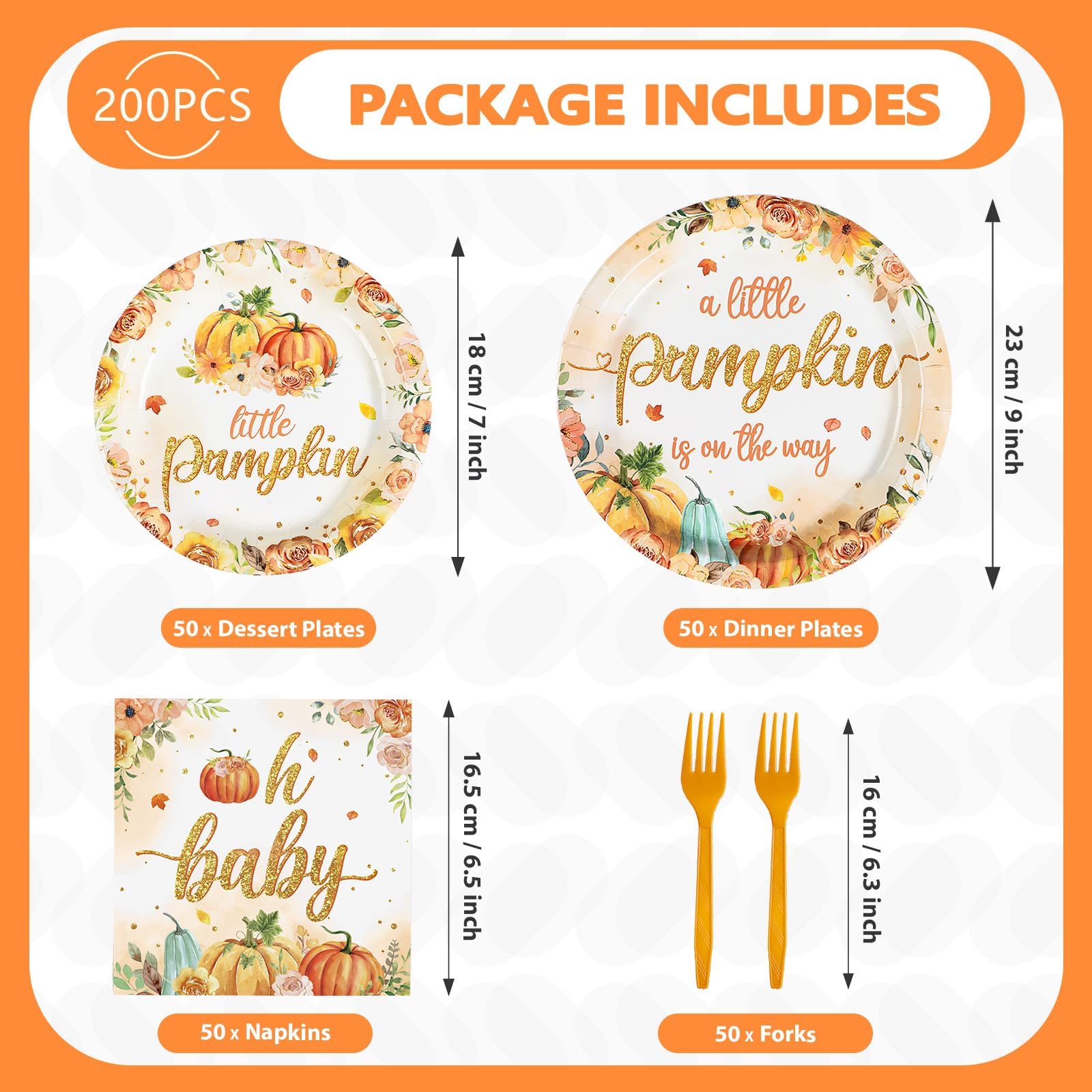 200 Pcs Orange Pumpkin Baby Shower Party Plates and Napkins - Grencian
