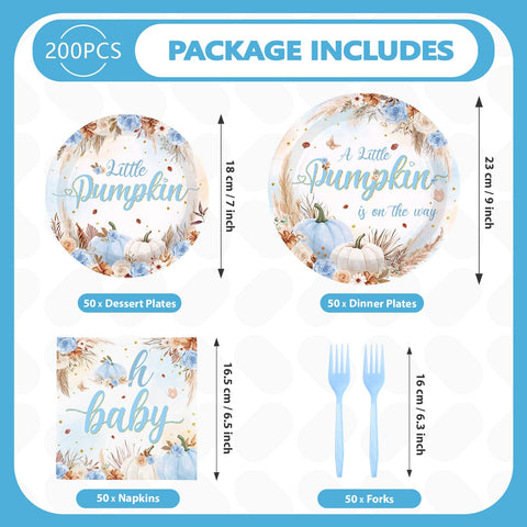 200 Pcs Fall Pumpkin Baby Shower Party Plates and Napkins - Grencian