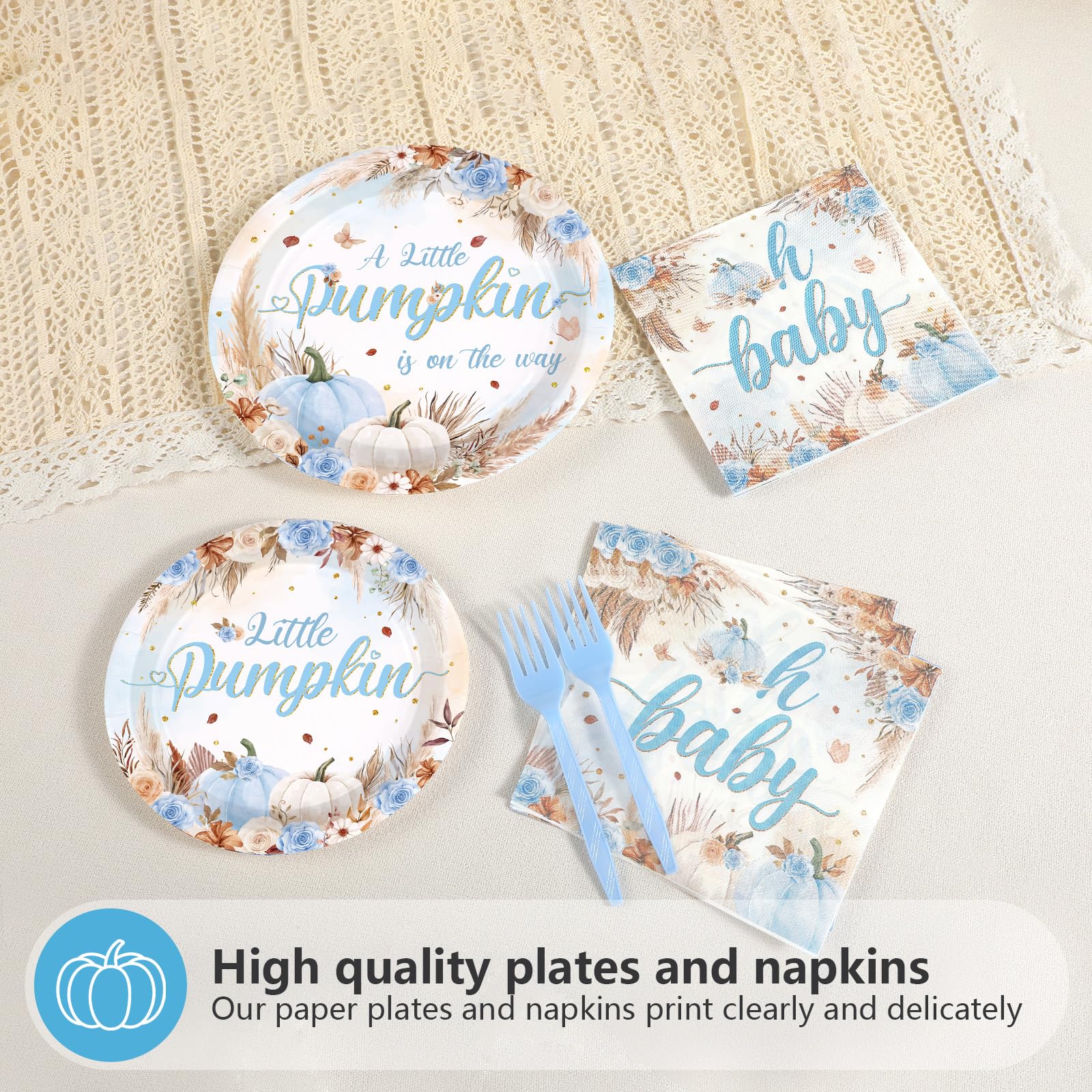 200 Pcs Fall Pumpkin Baby Shower Party Plates and Napkins - Grencian