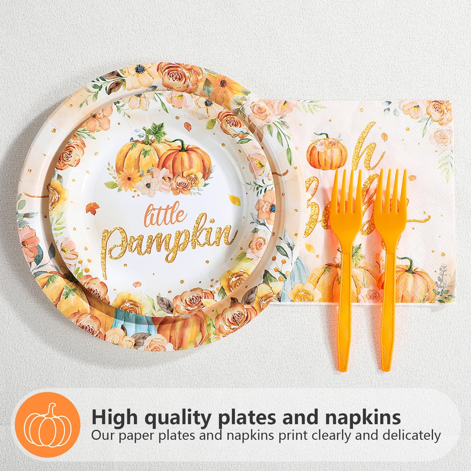 200 Pcs Orange Pumpkin Baby Shower Party Plates and Napkins - Grencian