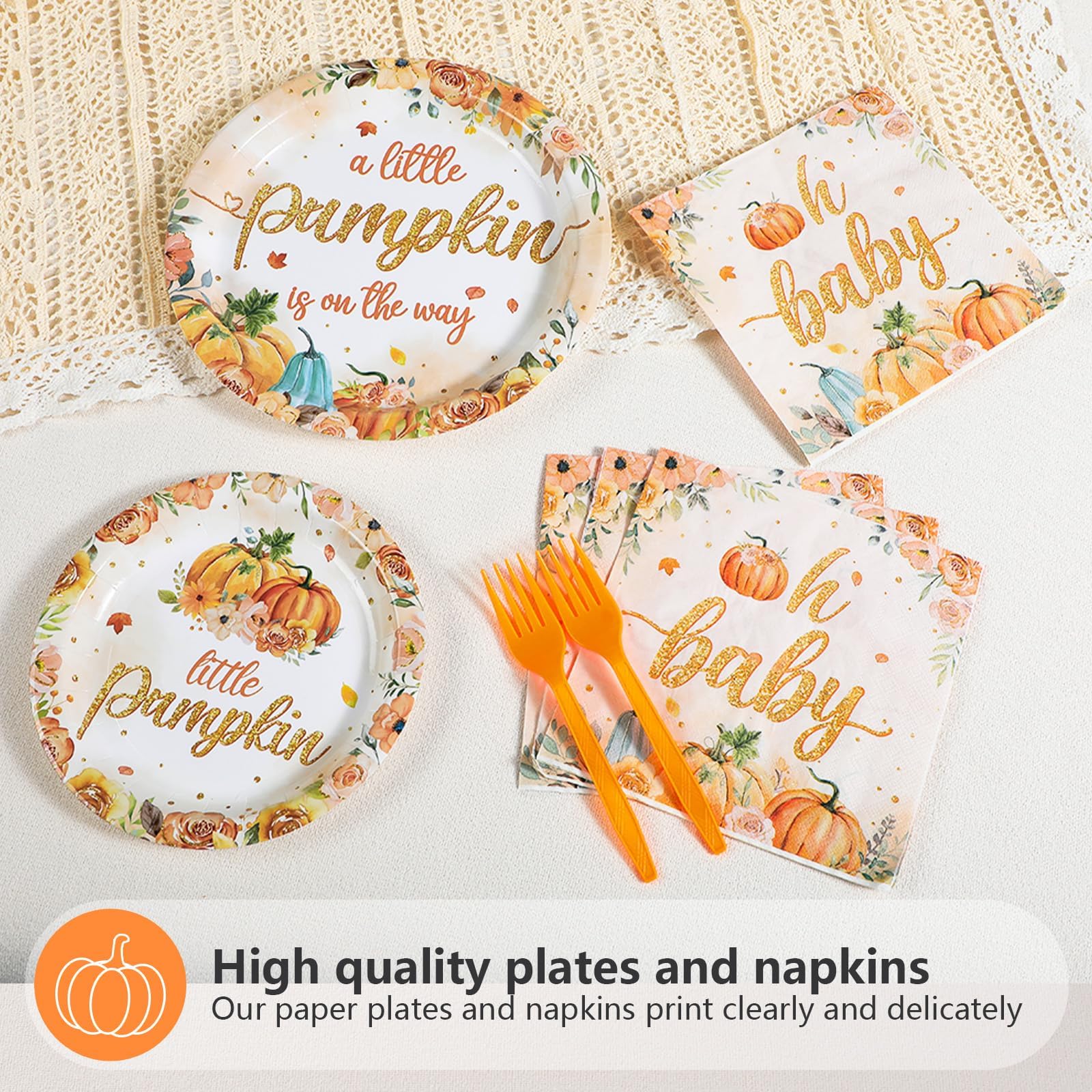 200 Pcs Orange Pumpkin Baby Shower Party Plates and Napkins - Grencian