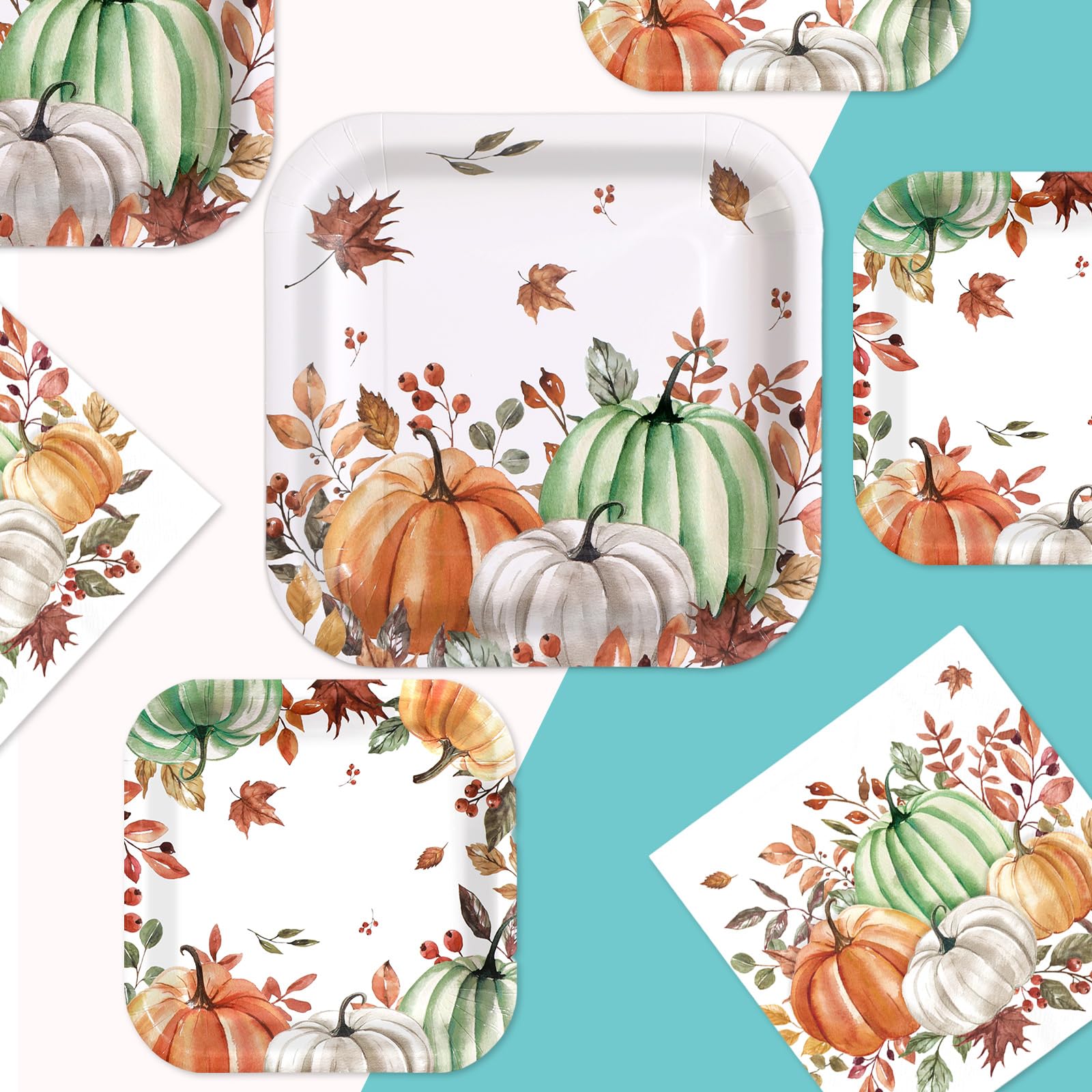 200 Pcs Fall Pumpkin Square Party Plates and Napkins - Grencian