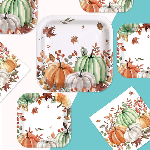 200 Pcs Fall Pumpkin Square Party Plates and Napkins - Grencian