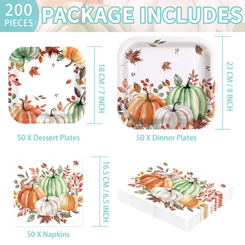 200 Pcs Fall Pumpkin Square Party Plates and Napkins - Grencian