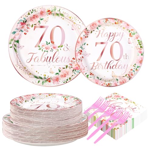 200 Pcs Floral 70th Birthday Party Plates and Napkins - Grencian