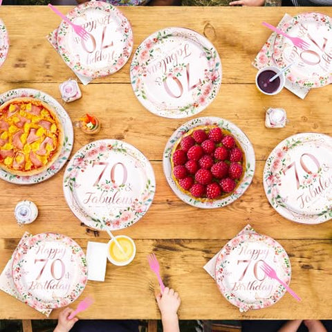 200 Pcs Floral 70th Birthday Party Plates and Napkins - Grencian