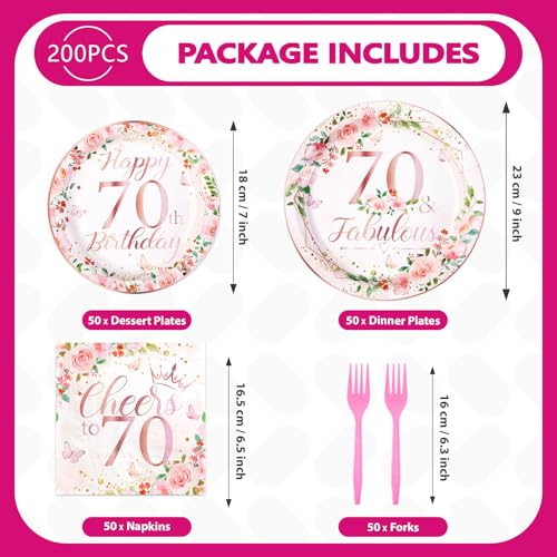 200 Pcs Floral 70th Birthday Party Plates and Napkins - Grencian