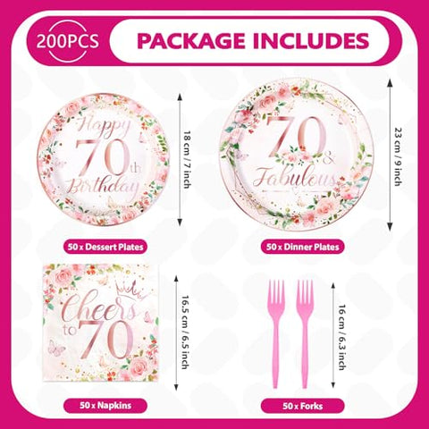 200 Pcs Floral 70th Birthday Party Plates and Napkins - Grencian