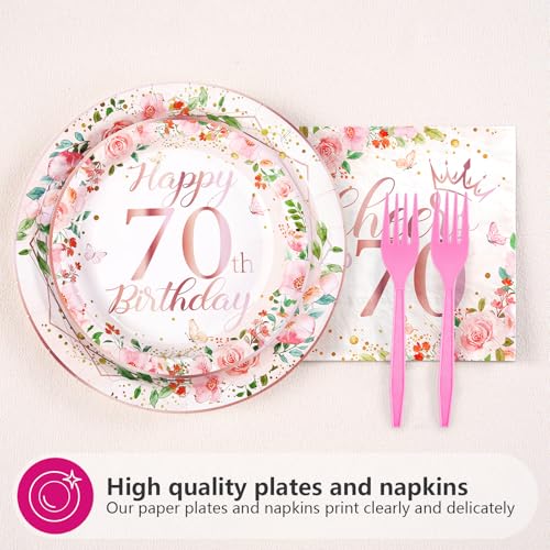 200 Pcs Floral 70th Birthday Party Plates and Napkins - Grencian