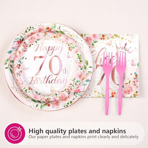 200 Pcs Floral 70th Birthday Party Plates and Napkins - Grencian