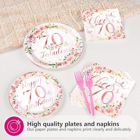 200 Pcs Floral 70th Birthday Party Plates and Napkins - Grencian