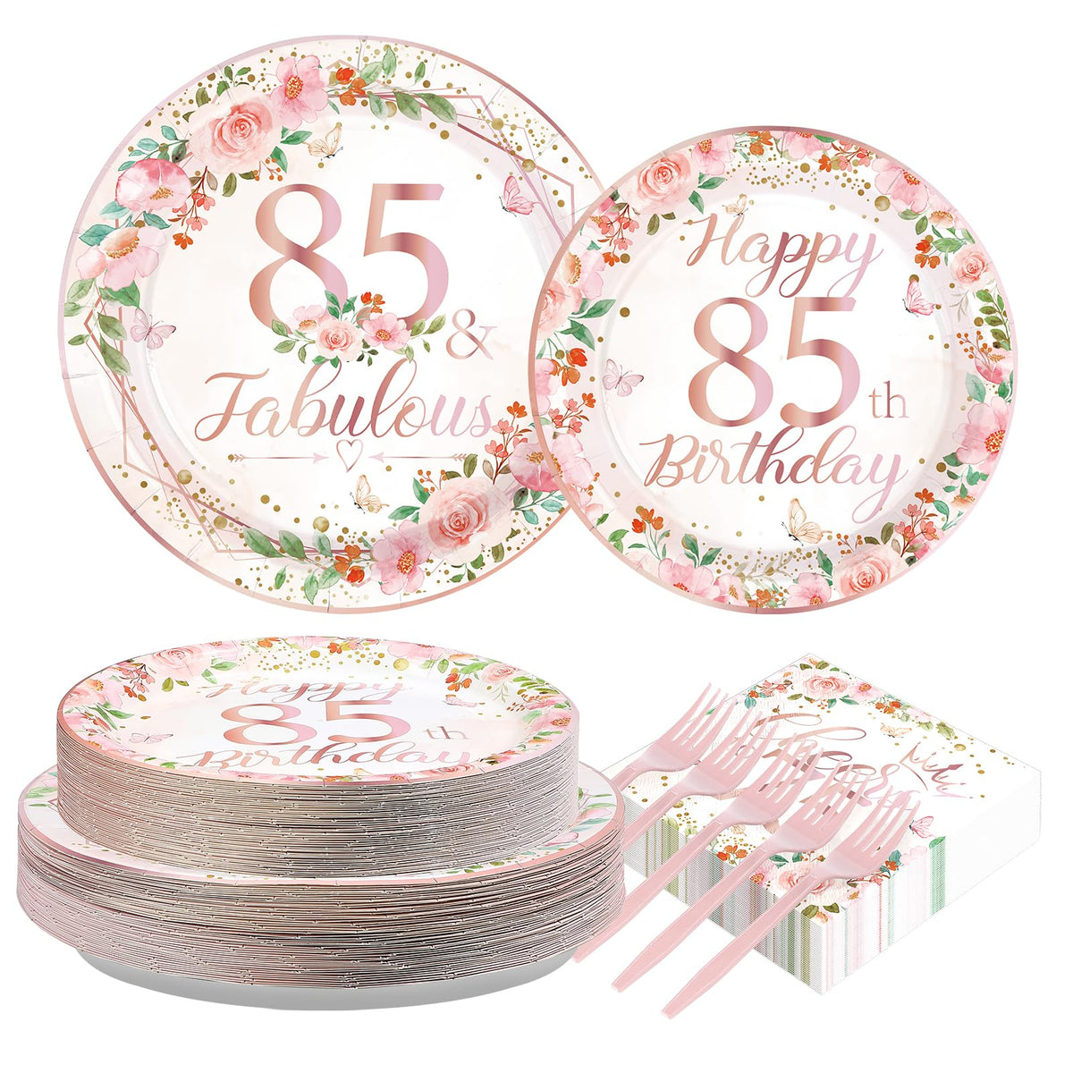 200 assiettes et serviettes à motif floral pour une fête d'anniversaire de 85 ans
