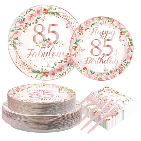 200 assiettes et serviettes à motif floral pour une fête d'anniversaire de 85 ans
