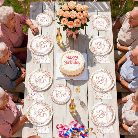 200 assiettes et serviettes à motif floral pour une fête d'anniversaire de 85 ans