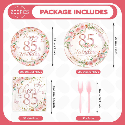 200 assiettes et serviettes à motif floral pour une fête d'anniversaire de 85 ans