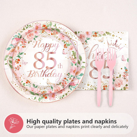 200 assiettes et serviettes à motif floral pour une fête d'anniversaire de 85 ans