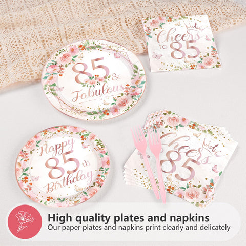 200 assiettes et serviettes à motif floral pour une fête d'anniversaire de 85 ans