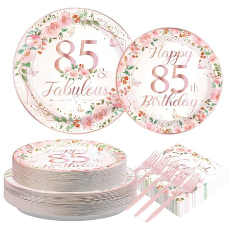 200 Pcs Floral 85th Birthday Party Plates and Napkins - Grencian