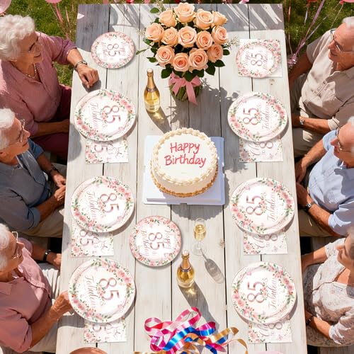 200 Pcs Floral 85th Birthday Party Plates and Napkins - Grencian