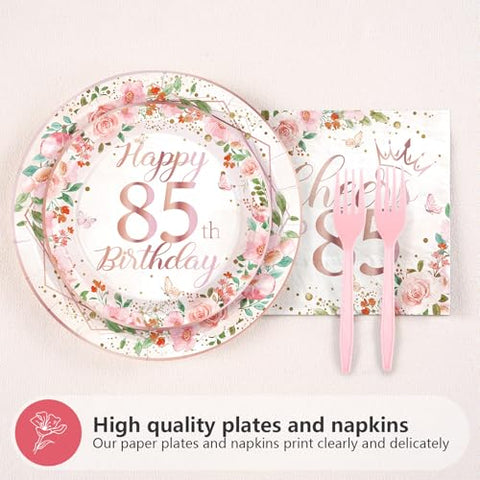 200 Pcs Floral 85th Birthday Party Plates and Napkins - Grencian