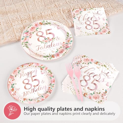 200 Pcs Floral 85th Birthday Party Plates and Napkins - Grencian