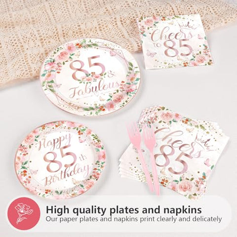 200 Pcs Floral 85th Birthday Party Plates and Napkins - Grencian