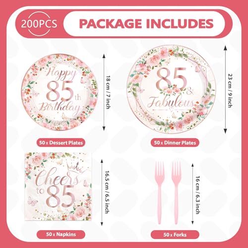200 Pcs Floral 85th Birthday Party Plates and Napkins - Grencian