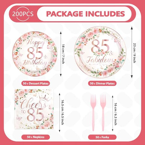 200 Pcs Floral 85th Birthday Party Plates and Napkins - Grencian