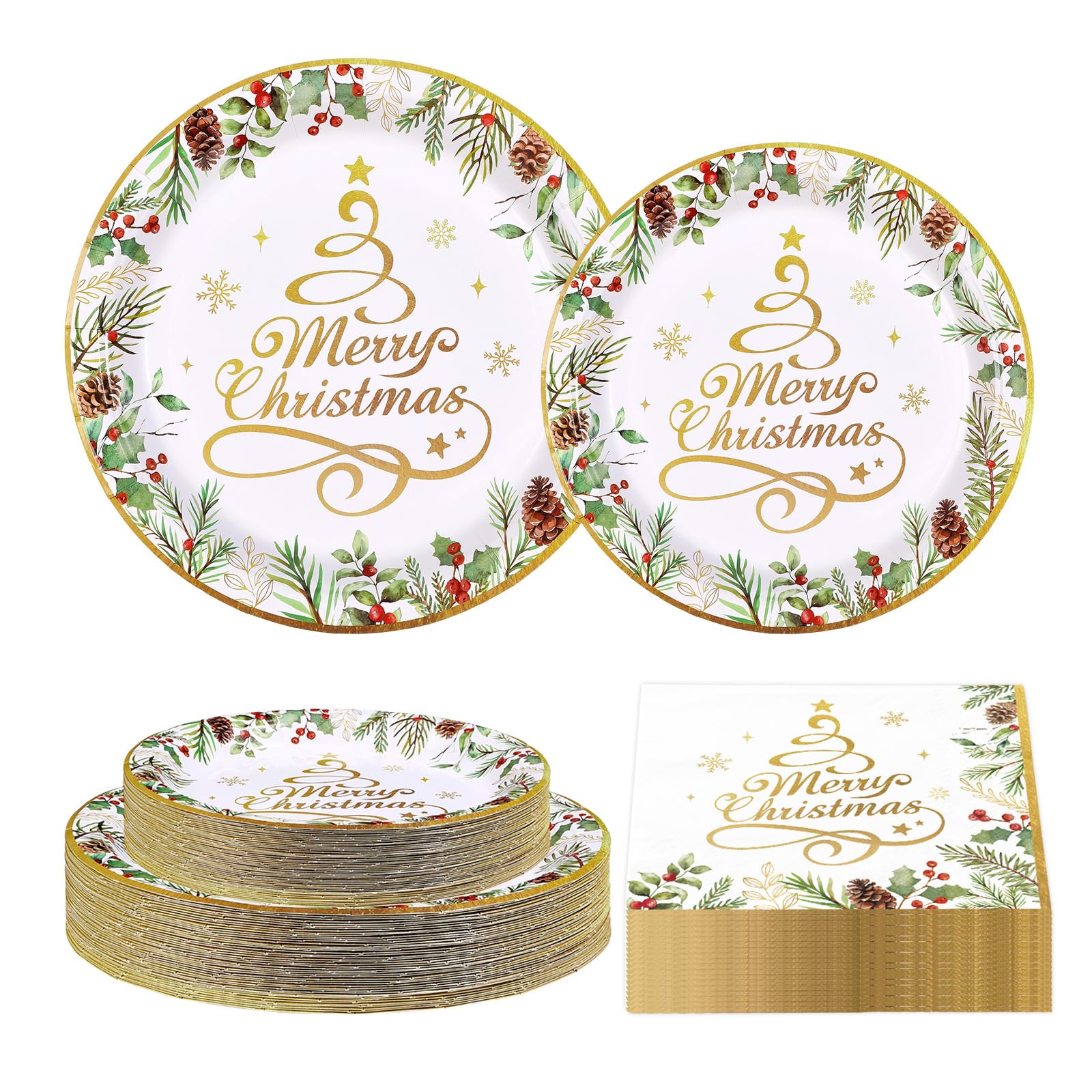 200 Pcs Gold Christmas Tree Party Plates and Napkins - Grencian