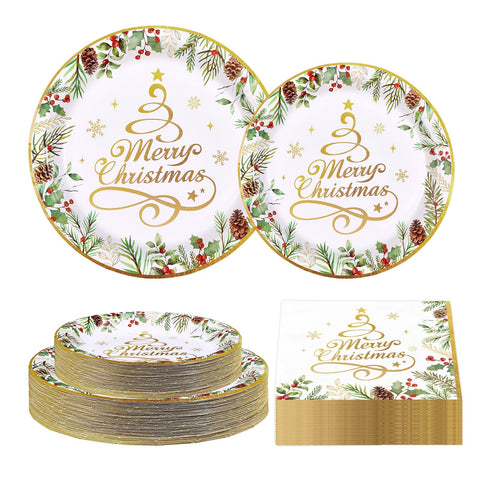 200 Pcs Gold Christmas Tree Party Plates and Napkins - Grencian