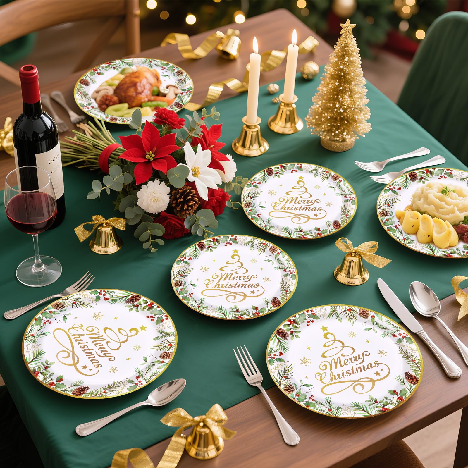 200 Pcs Gold Christmas Tree Party Plates and Napkins - Grencian