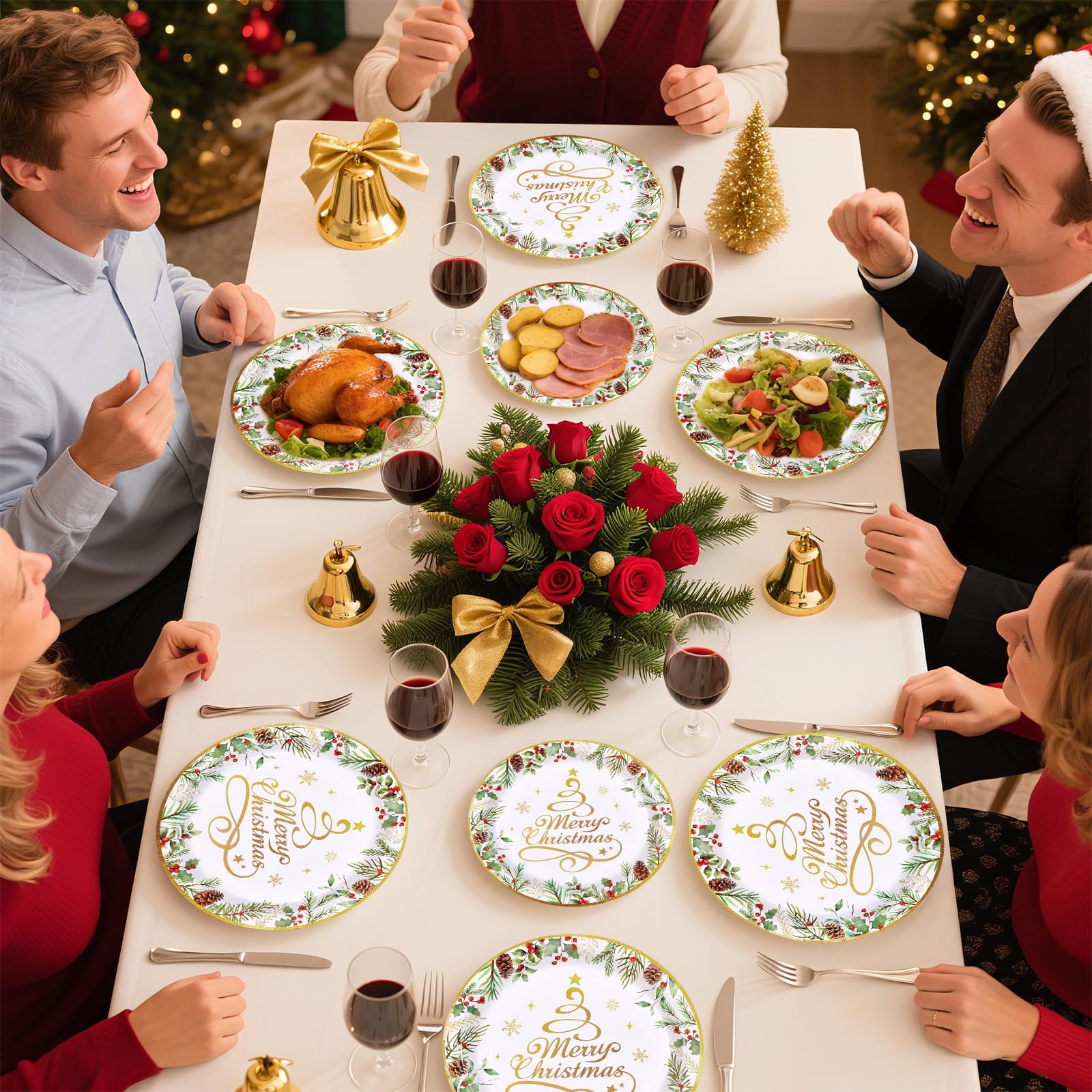 200 Pcs Gold Christmas Tree Party Plates and Napkins - Grencian