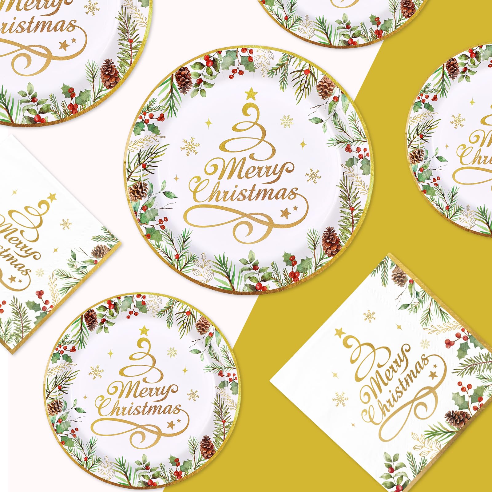 200 Pcs Gold Christmas Tree Party Plates and Napkins - Grencian