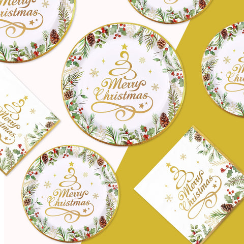 200 Pcs Gold Christmas Tree Party Plates and Napkins - Grencian
