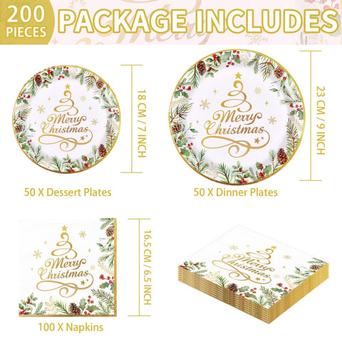 200 Pcs Gold Christmas Tree Party Plates and Napkins - Grencian