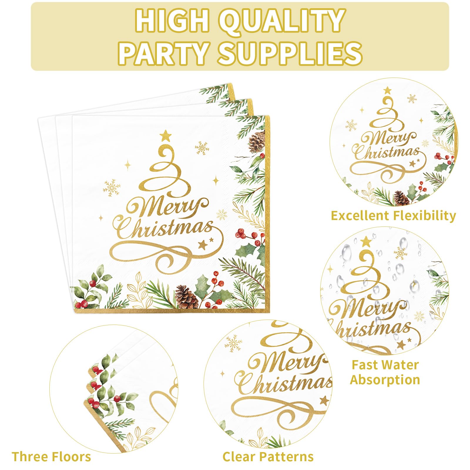200 Pcs Gold Christmas Tree Party Plates and Napkins - Grencian