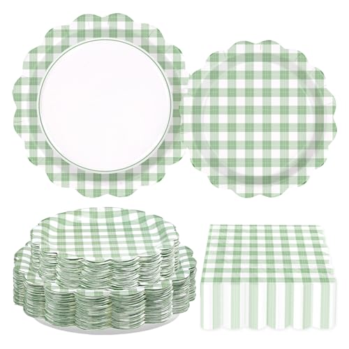 200 Pcs Green Gingham Scalloped Party Plates and Napkins - Grencian