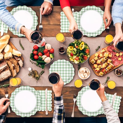 200 Pcs Green Gingham Scalloped Party Plates and Napkins - Grencian